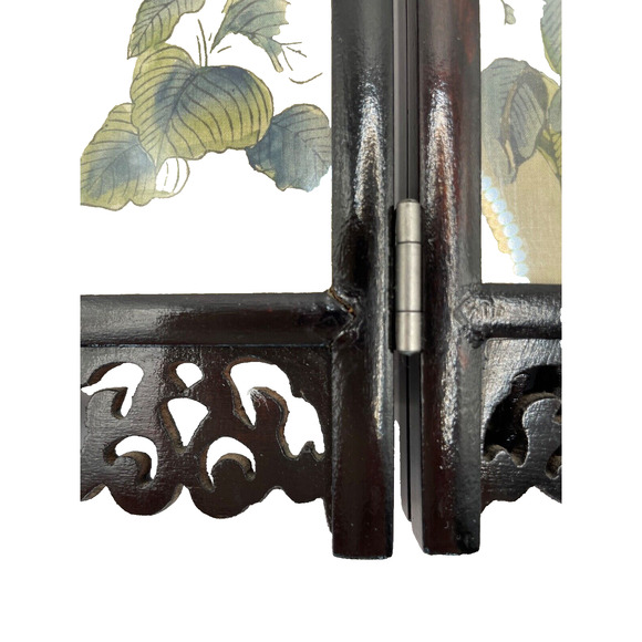 Vintage Asian Folding Screen Mini 4 Silk Panel Hand Painted Wood Bird/Floral - Picture 9 of 10